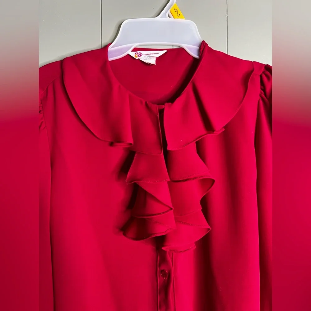 Women's Red Ruffle Front Blouse - Picture 4 of 7